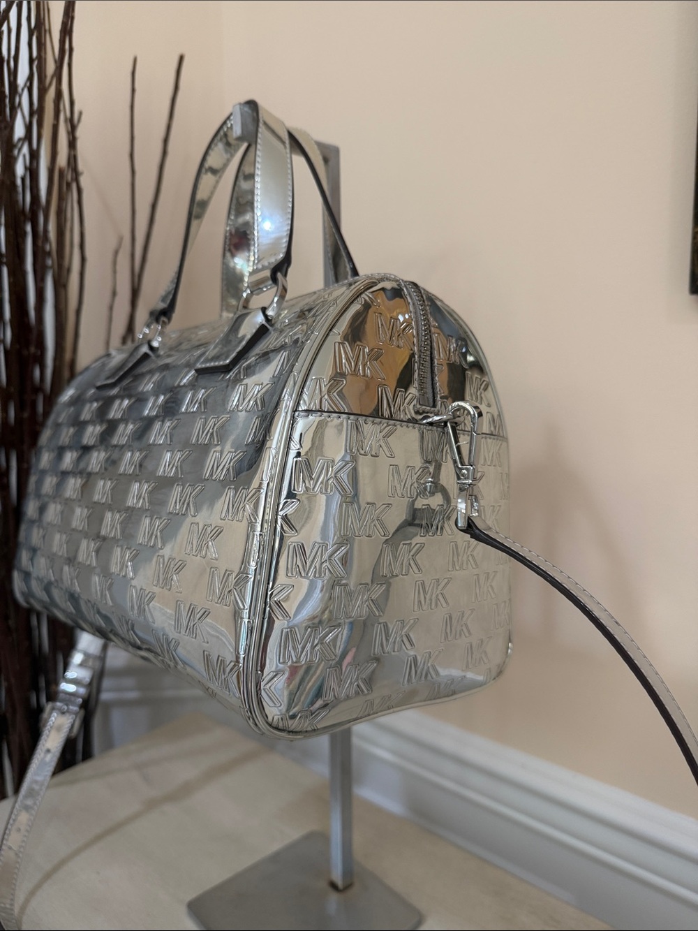 Michael Kors Mason Metallic Silver MK Monogram Satchel - Picture 2 of 10